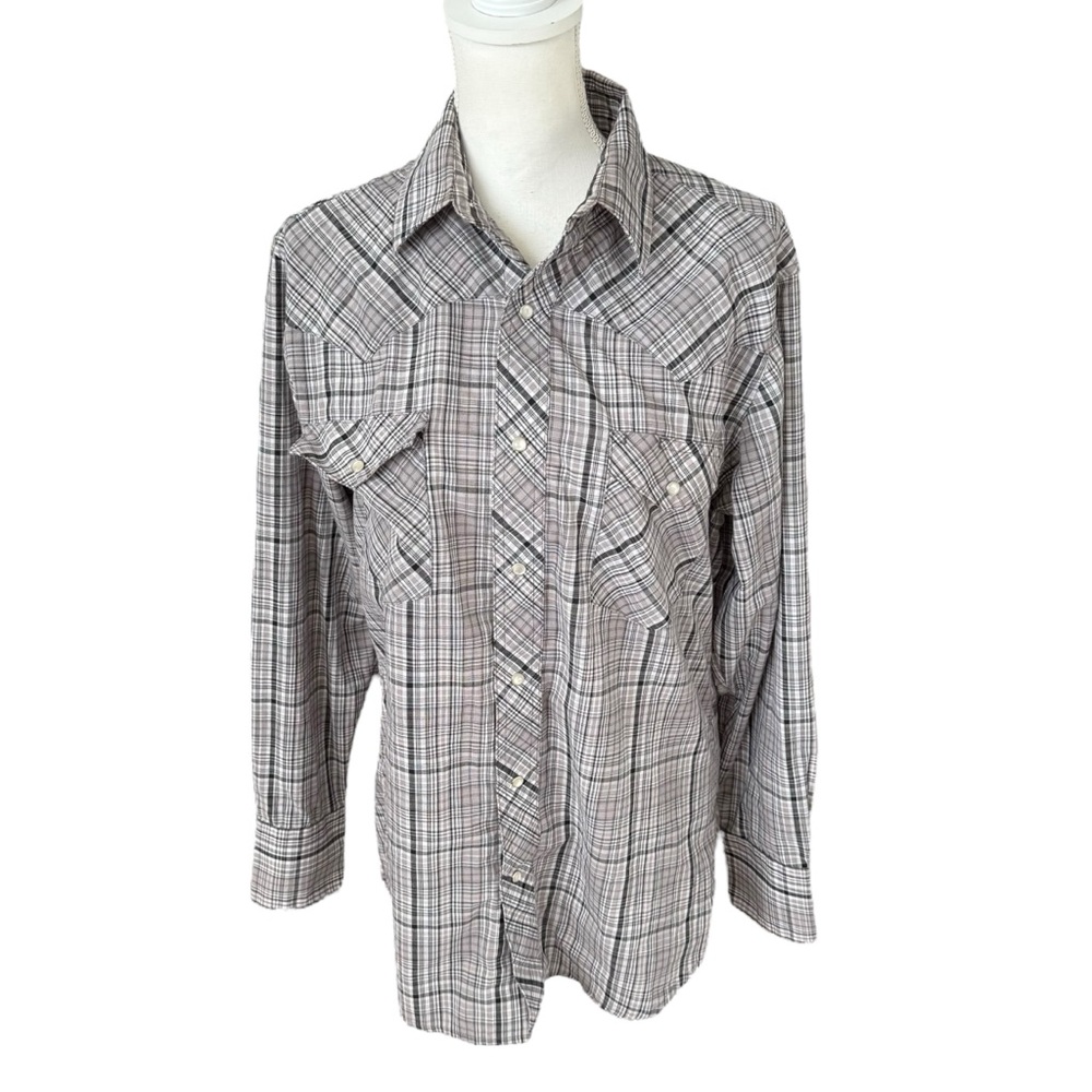 Wrangler gray plaid snap buttons long sleeve western shirt men medium cotton top
